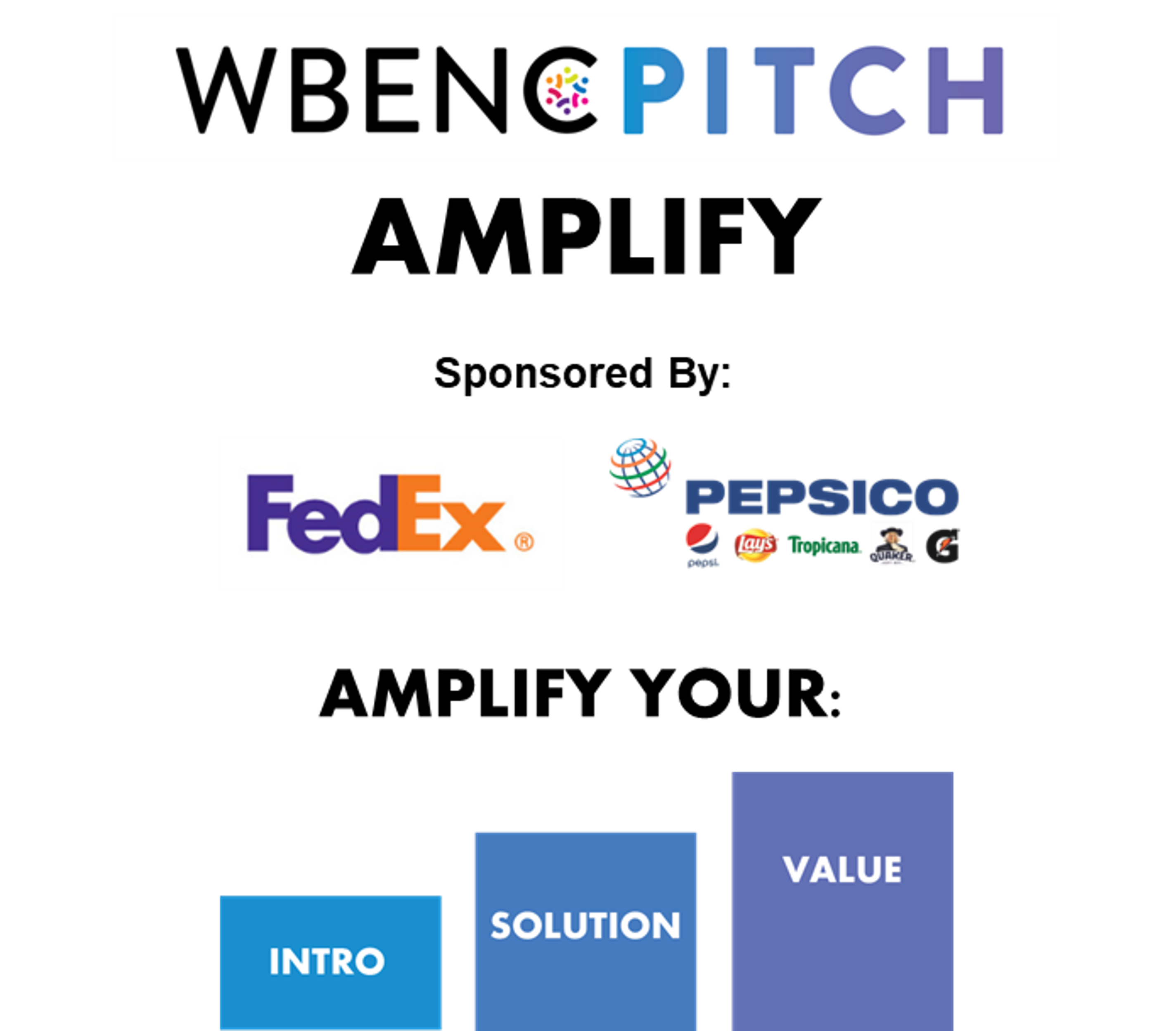 WBENC PITCH AMPLIFY logo. Sponsored by FedEx and PepsciCo.